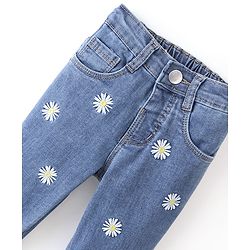 Babyhug Denim Full Length Washed Jeans With Stretch & Floral Embroidery -  Blue