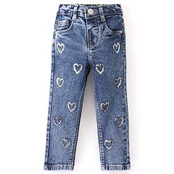 Babyhug Denim Full Length Stretchable Washed Jeans With Heart Sequine Detailing - Blue