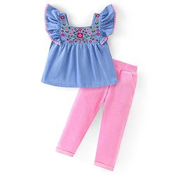 Babyhug 100% Cotton Knit Full Sleeves With Top & Leggings Floral Embroidery - Purple & Pink