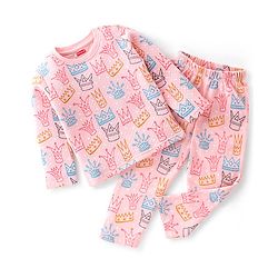 Babyhug Interlock Full Sleeves Winterwear Nightsuit with Crown Printed - Pink