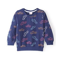 Babyhug Cotton Full Sleeves Sweatshirt with Car Printed - Navy Blue