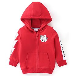 Babyhug Cotton Knit Full Sleeves Sweatjacket With Zipper Hood & Graphics Detailing - Red
