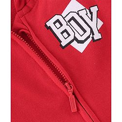 Babyhug Cotton Knit Full Sleeves Sweatjacket With Zipper Hood & Graphics Detailing - Red