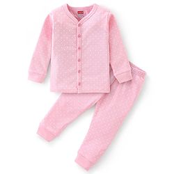 Babyhug Full Sleeves Polka Dot Printed Front Open Thermal Inner Wear Set-Pink