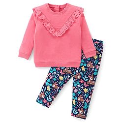 Babyhug 100% Cotton Knit Full Sleeves Solid Colour Frill Detailing Top With Floral Print  Pant Set - Pink & Navy Blue