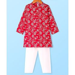 Babyhug Cotton Woven Floral Printed Full Sleeves Kurta & Pyjama Set- Red