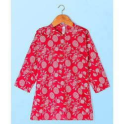 Babyhug Cotton Woven Floral Printed Full Sleeves Kurta & Pyjama Set- Red