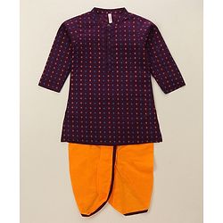 Babyhug Cotton Woven Full Sleeves Kurta & Dhoti Set Square Print - Purple & Orange