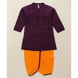 Babyhug Cotton Woven Full Sleeves Kurta & Dhoti Set Square Print - Purple & Orange