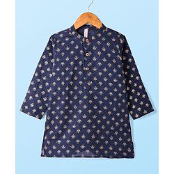 Babyhug Cotton Woven Full Sleeves Foil Printed Kurta & Pyjama Set - Navy Blue