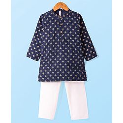 Babyhug Cotton Woven Full Sleeves Foil Printed Kurta & Pyjama Set - Navy Blue