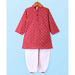 Babyhug Cotton Woven Full Sleeves Foil Printed Kurta Dhoti Set - Red