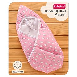 Babyhug Hooded Quilted Cotton Wrapper with Cloud Print- Pink
