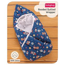 Babyhug Hooded Quilted Cotton Wrapper with Cloud Print- Pink