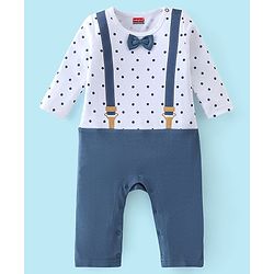 Babyhug 100% Cotton Interlock Knit Full Sleeves Romper With Bow Applique Polka Dot Print - Navy Blue