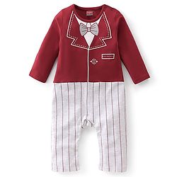 Babyhug Cotton Knit Full Sleeves Romper with Blazer Design - Red & White