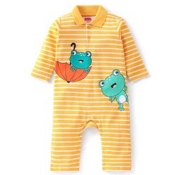 Babyhug 100% Cotton Interlock Knit Romper Stripes & Frog Print - Yellow