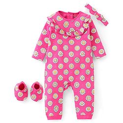Babyhug 100 % Cotton Floral Printed Full Sleeves  Romper with Hairband & Booties - Pink