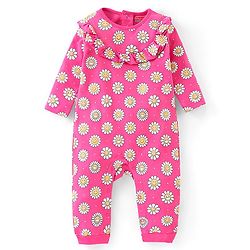 Babyhug 100 % Cotton Floral Printed Full Sleeves  Romper with Hairband & Booties - Pink
