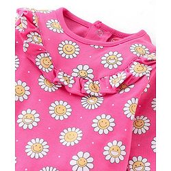 Babyhug 100 % Cotton Floral Printed Full Sleeves  Romper with Hairband & Booties - Pink