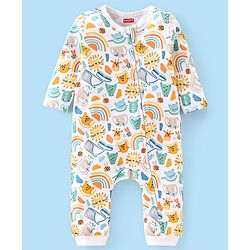 Babyhug 100% Cotton Knit Full Sleeves Rainbow & Kitty Printed Romper - Multicolour