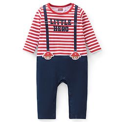 Babyhug 100% Cotton Knit Full Sleeves Striped Romper with Teddy Applique & Text Print - Red & Navy Blue