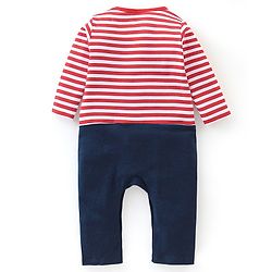 Babyhug 100% Cotton Knit Full Sleeves Striped Romper with Teddy Applique & Text Print - Red & Navy Blue