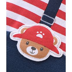 Babyhug 100% Cotton Knit Full Sleeves Striped Romper with Teddy Applique & Text Print - Red & Navy Blue