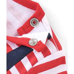 Babyhug 100% Cotton Knit Full Sleeves Striped Romper with Teddy Applique & Text Print - Red & Navy Blue