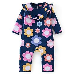 Babyhug 100% Cotton Interlock Knit Full Sleeves Romper Floral Print - Navy Blue