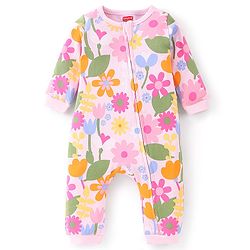 Babyhug 100% Cotton Knit Full Sleeves Floral Print Romper - Multicolour