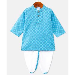 Babyhug Cotton Woven Full Sleeves Kurta & Dhoti Set Square Print - Blue & White