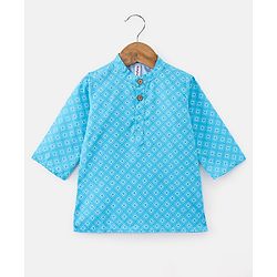 Babyhug Cotton Woven Full Sleeves Kurta & Dhoti Set Square Print - Blue & White