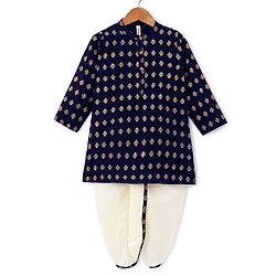 Babyhug 100% Cotton Knit Foil Printed Full Sleeves Kurta with Dhoti Set - Navy Blue