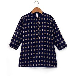 Babyhug 100% Cotton Knit Foil Printed Full Sleeves Kurta with Dhoti Set - Navy Blue