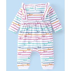 Babyhug 100% Cotton Interlock Knit Full Sleeves Romper Stripes & Text Print - White