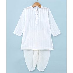 Babyhug Cotton Woven Full Sleeves Embroidered Stripes Handloom Dobby Kurta & Dhoti Set - White