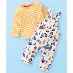 Babyhug 100% Cotton Knit Elephant Print Dungaree with Full Sleeves Stripe Inner Tee - Multicolour