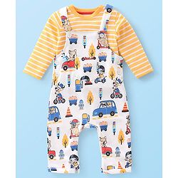 Babyhug 100% Cotton Knit Elephant Print Dungaree with Full Sleeves Stripe Inner Tee - Multicolour