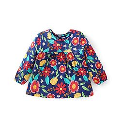 Babyhug Cotton Knit Full Sleeves Floral Printed Top with Tassel Detailing - Navy Blue