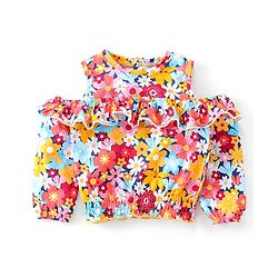 Babyhug 100% Cotton Knit Full Sleeves Cold Shoulder Top with Floral  Print & Lace Detailing - Multicolour