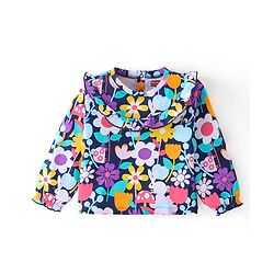 Babyhug Cotton Knit Full Sleeves Top with Floral Print & Frill Detailing - Navy Blue