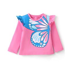Babyhug 100% Cotton Knit Full Sleeves Tee with Butterfly Graphics & Frill Detailing - Pink