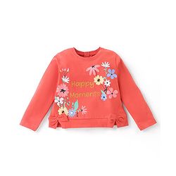 Babyhug 100% Cotton Knit Full Sleeves T-Shirt with Floral Graphics & Bow Detailing - Rust