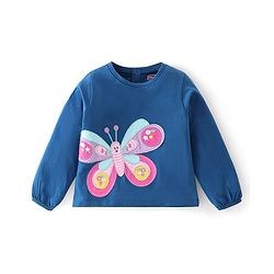 Babyhug 100% Cotton Knit Full Sleeves T-Shirt with Butterfly Graphics & Applique Detailing - Blue