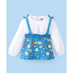Babyhug 100% Cotton Knit Full Sleeves Overlap T-Shirt with Floral Print & Smocking Detailing - Blue