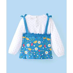 Babyhug 100% Cotton Knit Full Sleeves Overlap T-Shirt with Floral Print & Smocking Detailing - Blue