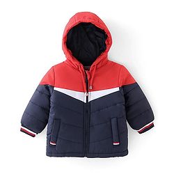 Babyhug Woven Full Sleeves Hooded Jacket With Solid Colour - Red White & Blue