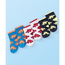 Cute Walk by Babyhug Cotton Knit Ankle Length Anti Bacterial Socks Dino Design Pack of 3 - Multicolor