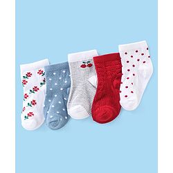 Cute Walk By Babyhug Cotton Knit Anti Bacterial Ankle Length Socks Stripes & Floral Design Pack Of 5 - Red Blue & White